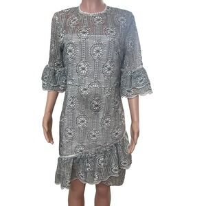 Strut & Bolt lace overlay neutral cream black floral dress, M, ruffles, layered